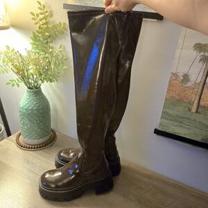 Call It Spring Thigh High Brown Vegan Leather Chunky Boots